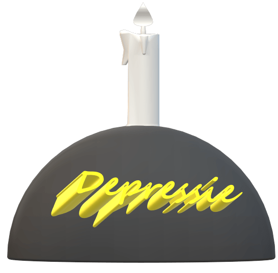 Een zwarte halve bol met een witte kaars. op de bol de tekst depressie
