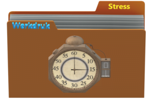 Ordenrmap met labels Werkdruk en Stress en een klok op de voorkant