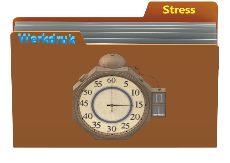 Hangmap met werkdruk en stress op de labels en een klok als symbool van tijd op de voorkant